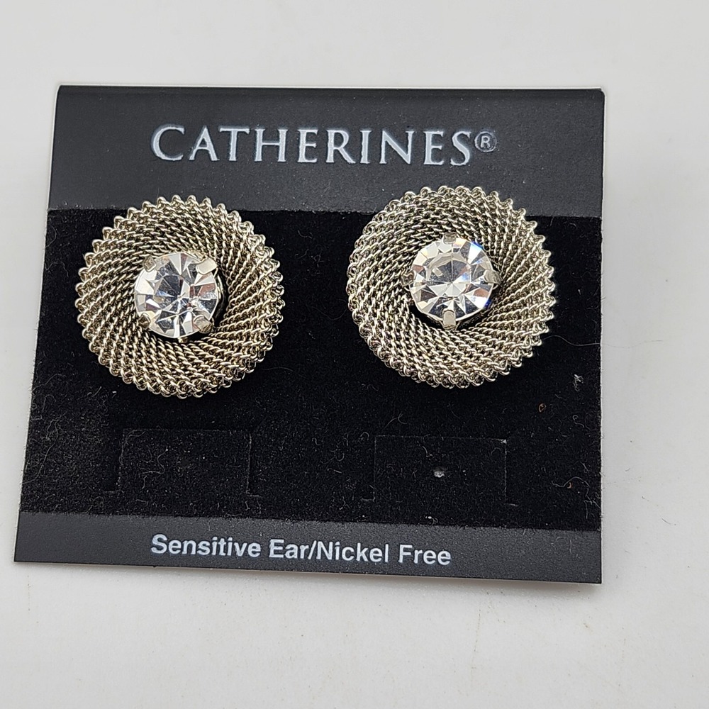 Nwt Catherine's Silver Tone‎ Mesh Circle Clear Rhinestones Earrings